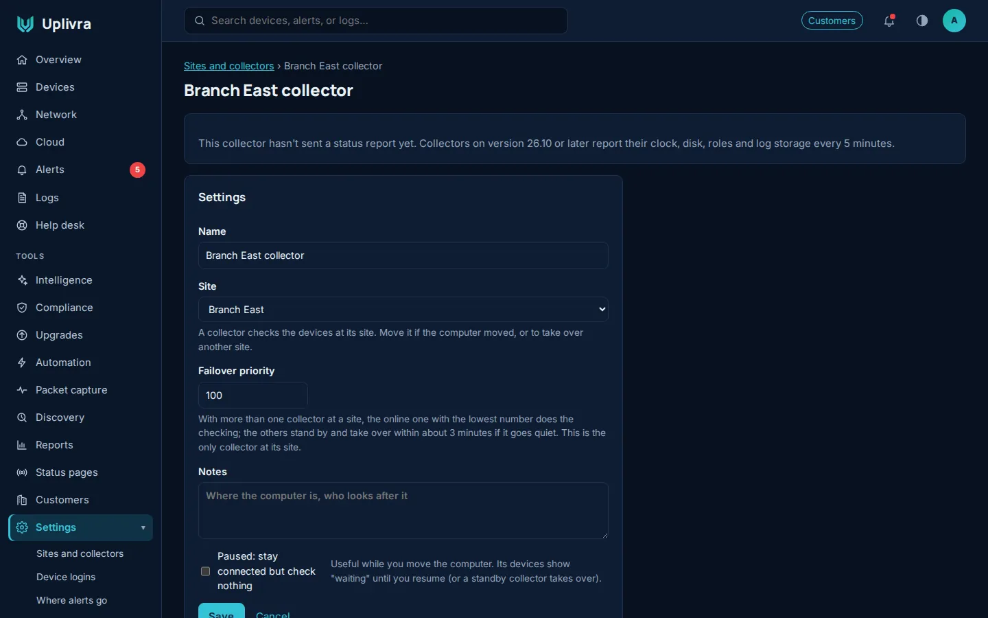 A collector's page: failover priority, status, and log storage settings.