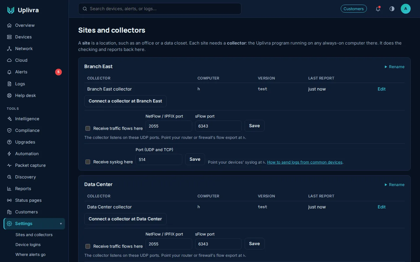 Sites and collectors, each with its collector and when it last reported.